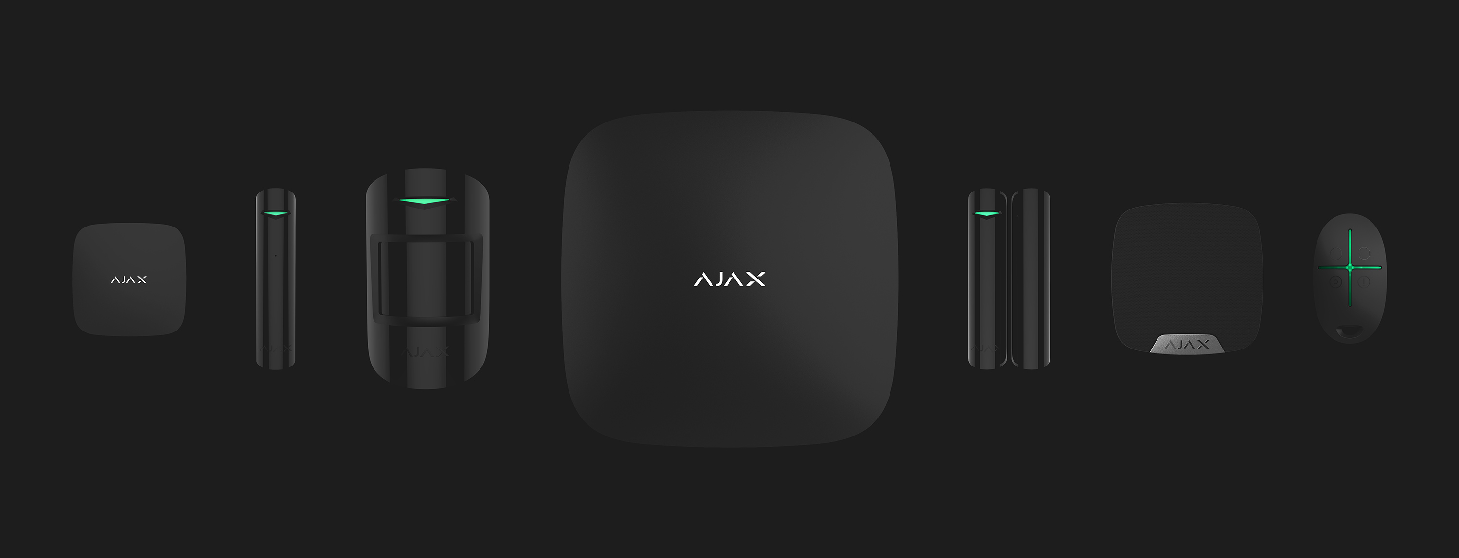 Dispositivi antifurto AJAX: tastiera, sensori, centralina, telecomando e sirena.
